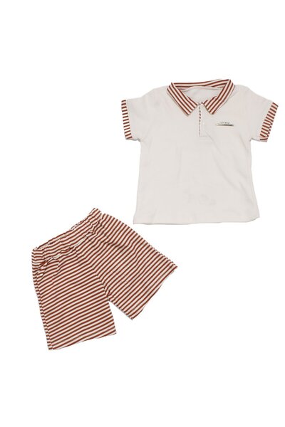 bebegen Baby Boy White Tile Striped Collared Shorts Set of 2