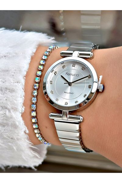 Ferrucci Silver Color Plain Model Steel Cord Women's Wristwatch + Bracelet