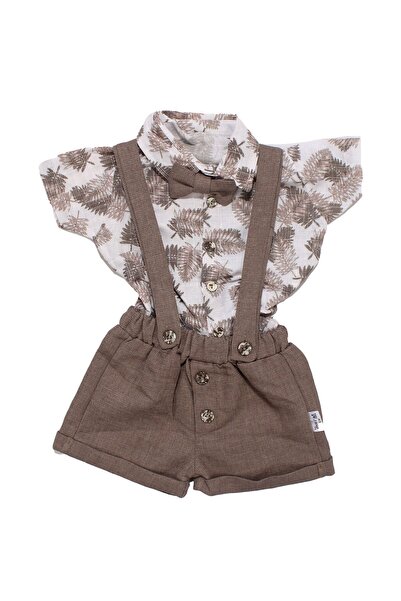 bebegen Baby Boy Brown Leaf Patterned Bow Tie Shirt Salopet Set