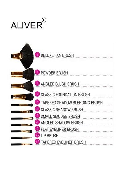 ALİVER Oliver 11-Piece Makeup Brush Set with Case. Black/Gold