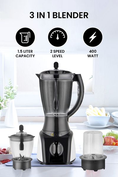 Royal خلاط مطبخ كهربائي ٣ في ١، سعة ١.٥ لتر، سرعتان، ٤٠٠ واط | Ra-bg159