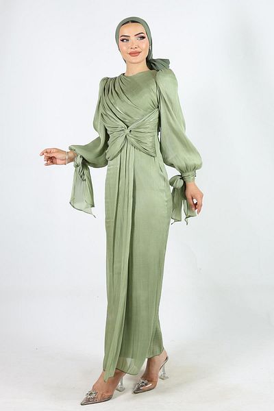 Olcay Yoryo-Hijab-Abendkleid aus Seide mit Fliege und Schleife, detailliertes Arm-Mund-Krawattenkleid ÇAĞLA 1224