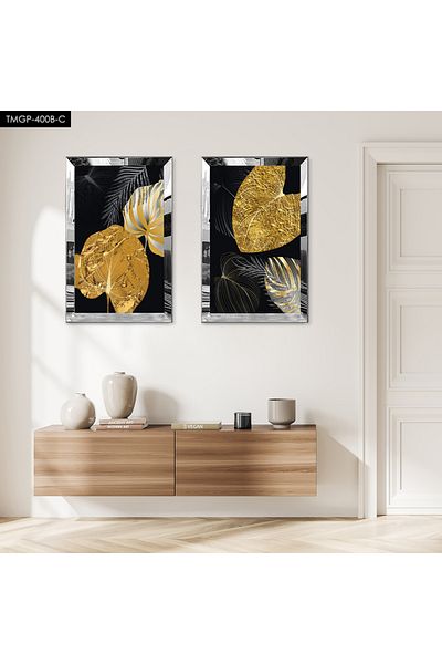 Zevahir Mobilya Dekorasyon SET DE MASA MDF DUAL FLOARE DE AUR MODERN CU CADRU DE PLEXY CU OGLINDA SILVER FOND NEGRU