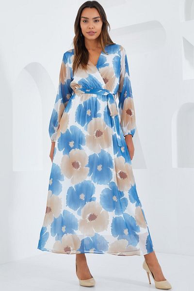 modaserdem Blue Beige Floral Patterned Chiffon Dress 2134
