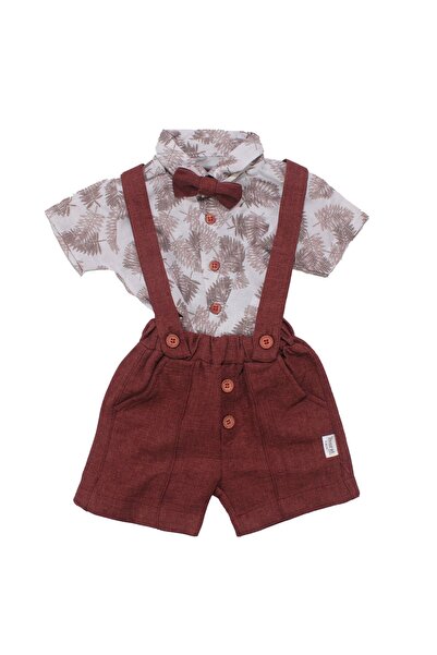 bebegen Baby Boy Burgundy Leaf Patterned Bow Tie Shirt Salopet Set
