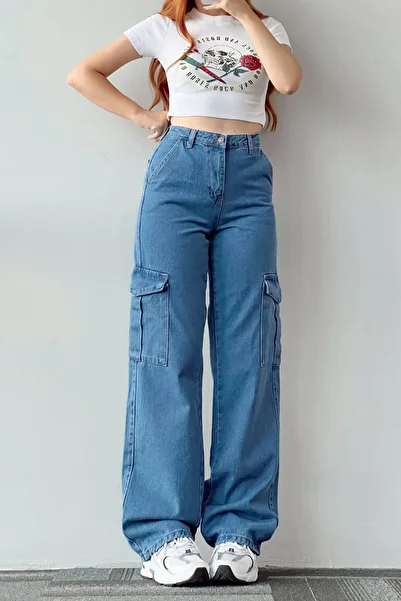 Shield Life Baby Blue Cargo Multi-Pocket Women's Trousers Super High Waist 100% Cotton Pmbo Ere Ha