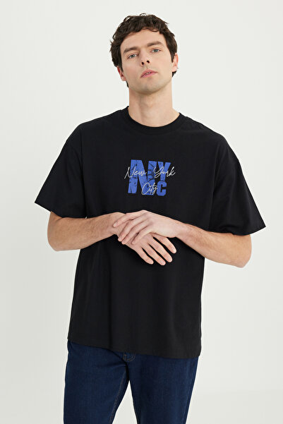 AC&Co / Altınyıldız Classics Men's Black-Navy Blue Oversize 100% Cotton Wide Cut Printed Crew Neck T-Shirt