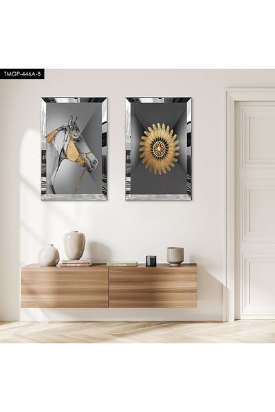 Zevahir Mobilya Dekorasyon SET DE MASA DECORATIVĂ CĂLUȚĂ DUBĂ MDF CU CADRU DE PLEXY CU OZNĂ DE ARGINTI, FOND DE GRI, MODEL DE AUR