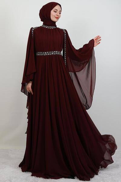 GİYZAMİLA Tutku Şifon Abiye Bordo