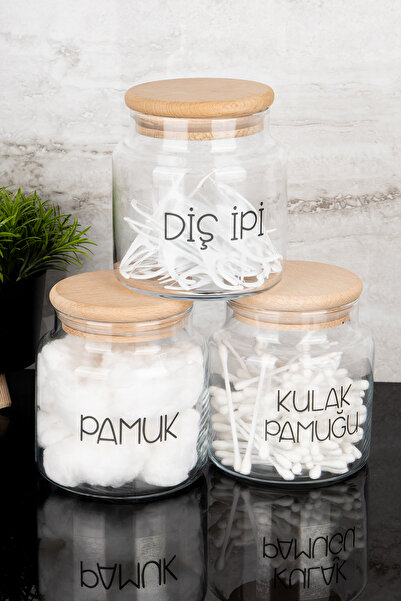 Dolkin Home مجموعة من 3 قطع من القطن الزجاجي سعة 500 مل مع غطاء خشبي وملصق شفاف من القطن والأذن والخيط والحمام