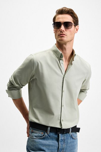 GRIMELANGE Shirt Collar Cuffed Green Fabric Need Ironing Risto Men's Buttoned after Washing