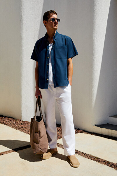 GRIMELANGE Passi Men's Short Sleeve Single Pocket Relaxed Fit Relaxed Fit Navy Blue Shirt