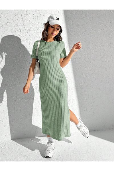 modaserdem Women's Short Sleeve Crew Neck Slit Detail Ribbed Camisole Full Length Dress