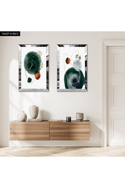 Zevahir Mobilya Dekorasyon SET DE MASA MDF DUBLA CU FORME VERDE ÎNCHISE CU CADRU DE PLEXY CU OGLINDA SILVER FOND ALB