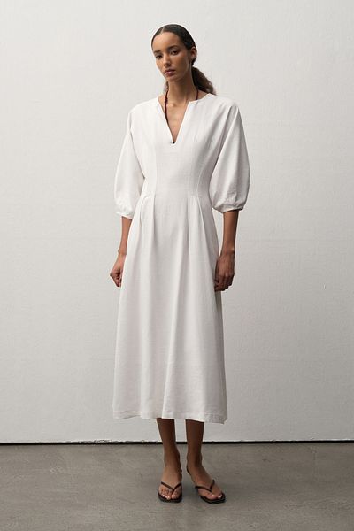 mathilda store Women's White Linen Balloon Sleeve Midi Dress