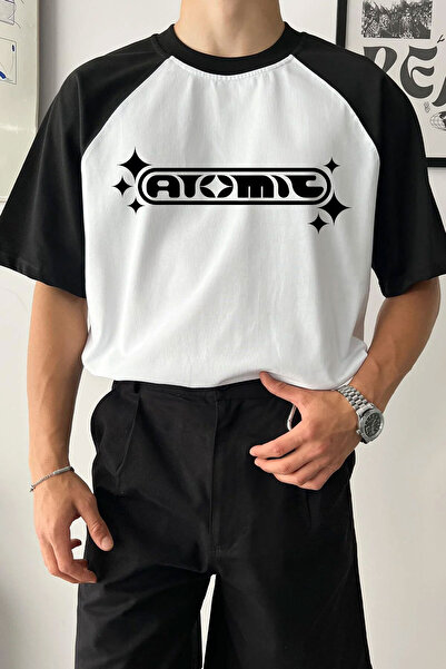 Cool mans Raglan Sleeve Black and White Atomia Printed Oversize T-Shirt