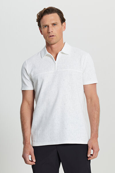 ALTINYILDIZ CLASSICS Men's Ecru Cotton Slim Fit Slim Fit Polo Neck Jacquard Stretch T-Shirt