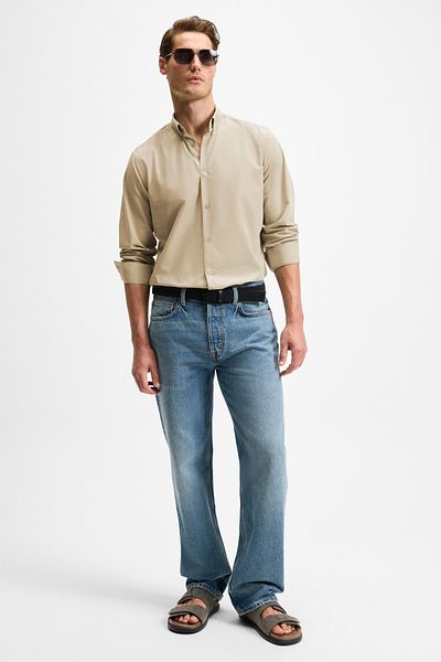 GRIMELANGE Risto Men's Buttoned Post-Wash Ironing Minimizing Fabric Shirt Collar Cuffed Beige Buried