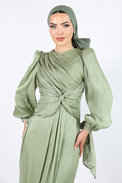 Olcay Βραδινό φόρεμα Yoryo με μεταξωτό χιτζάμπ με βολάν και λεπτομέρεια με φιόγκο, δεμένο στο στόμα, φόρεμα ÇAĞLA 1224