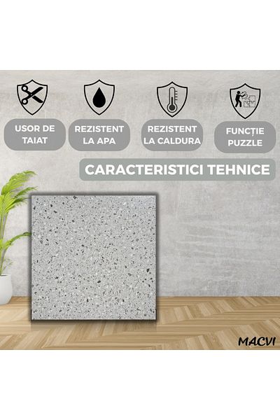 MACVI Set 24 placi autoadezive Macvi® podea, stil marmura gri platinat, PVC, 7 x 45, 1,4 mm, Acoperire 5m