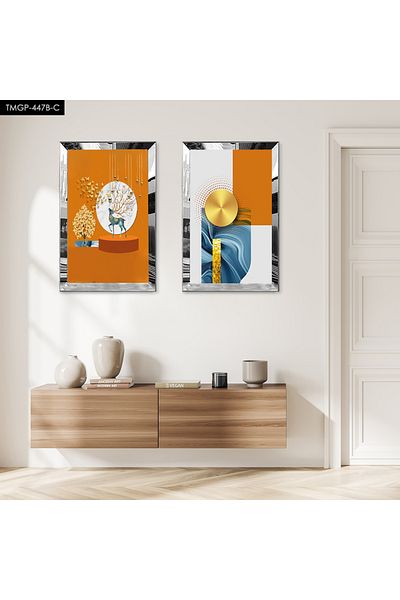 Zevahir Mobilya Dekorasyon SET DE MASA MODERNA DUBLA MDF ORANGE ALB CU MODEL ABSTRACT CU CADRU DE PLEXY CU OGLINDA ARGINTIE