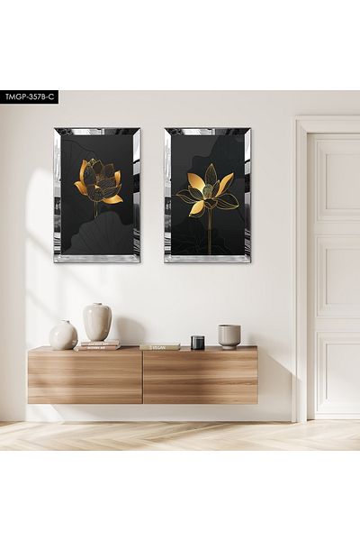 Zevahir Mobilya Dekorasyon SET DE MASA MDF DUBLA FLOARE AURIE CU CADRU DE PLEXY CU OGLINDA ARGINTIE FOND NEGRU MODERN