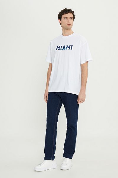 AC&Co / Altınyıldız Classics Men's White-Navy Blue Oversize 100% Cotton Wide Cut Printed Crew Neck T-Shirt