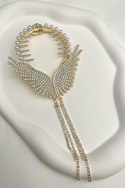Modex Gold Colored Jewelled Pearl Wing Bun Buckle