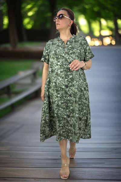 yagmurberen Front Half Buttoned Judgment Collar Pocket Short Sleeve Medium Length Plus Size Cotton Viscose Dress