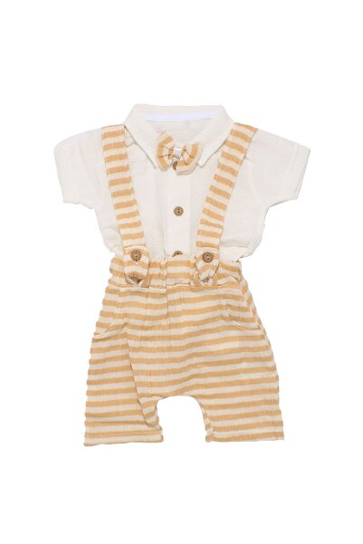 bebegen Baby Boy Ecru Orange Striped Muslin Bow Tie Shirt Salopet Set