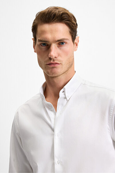 GRIMELANGE Risto Men's Fabric Shirt Collar Cuffed White - Minimizing the Need for Button-Down Washouts