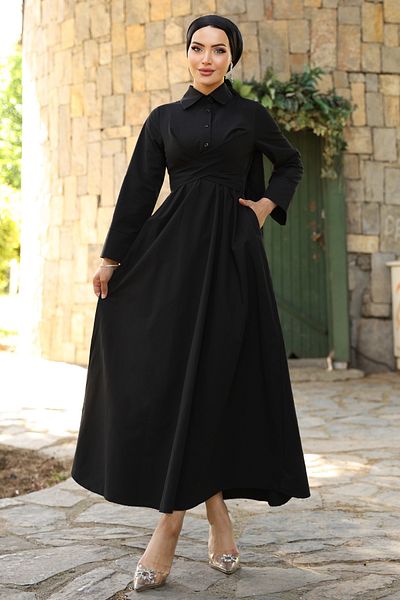 InStyle Rochie neagră cu guler de cămașă cu detaliu de curea