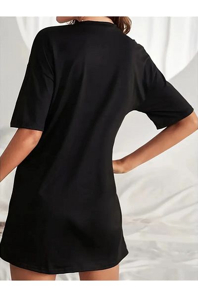 modaserdem Women's Short Sleeve Text Printed Basic Mini Dress