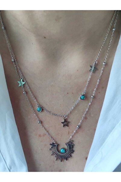 MoS JEWELLERY Etnik Güneş Model Firuze Doğal Taş Detaylı Çoklu Zincirli Kolye...