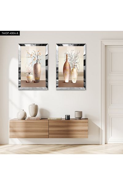 Zevahir Mobilya Dekorasyon VAZĂ DECORATIVĂ DE CULOARE CREAM CU CADRU DE PLEXY CU OGLINDĂ DE SILVER SET DE MASA MDF DUAL