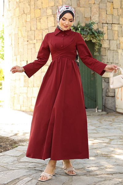 InStyle Rochie burgundă cu guler de cămașă cu detaliu de curea