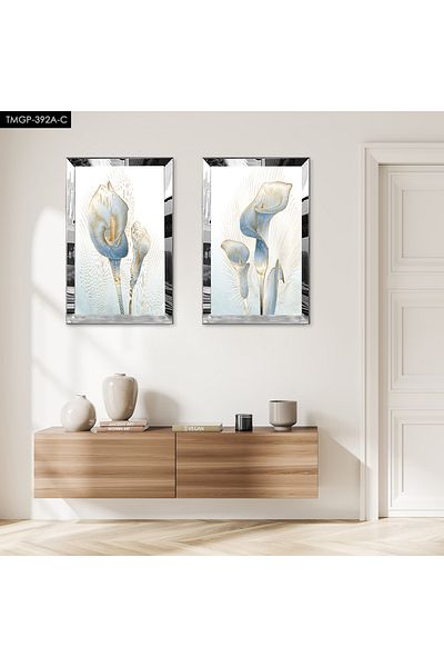 Zevahir Mobilya Dekorasyon SET DE PENTRU TABLĂ MDF DECORATIVĂ FLORELE ABSTRACTE ALBASTRE CU CADRU DE PLEXY CU Oglindă SILVER