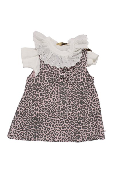 bebegen Дівчача біло-рожева сукня з леопардовим принтом та одним бантом