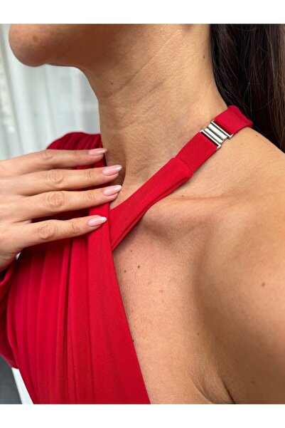 QİMYA BUTİK Bluză body detaliată pentru femei Miss Neşem, cu o singură mânecă, cu gâtul drapat