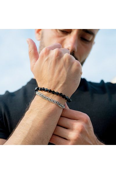 GT Collection Συλλογή GT, Ανδρικό Βραχιόλι με Πολυεδρικές Πέτρες από ΜΑΥΡΟ ΟΝΥΧΑ, Ένα Μέγεθος, Ρυθμιζόμενο Κούμπωμα