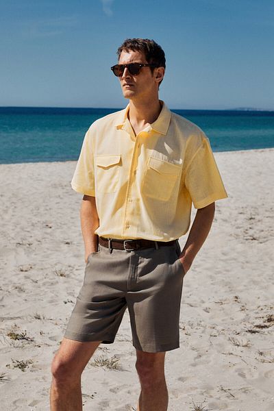 GRIMELANGE Tero Men's 100% Cotton Apaj Collar Short Sleeve Flared Oxford Comfort Fit Hawaiian Yellow Shirt