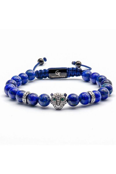 GT Collection Colecția GT, Brățară Bărbătească Cap de Leopard cu Pietre Energetice LAPIS LAZULI, Mărime Universală și Șnur Ajustabil