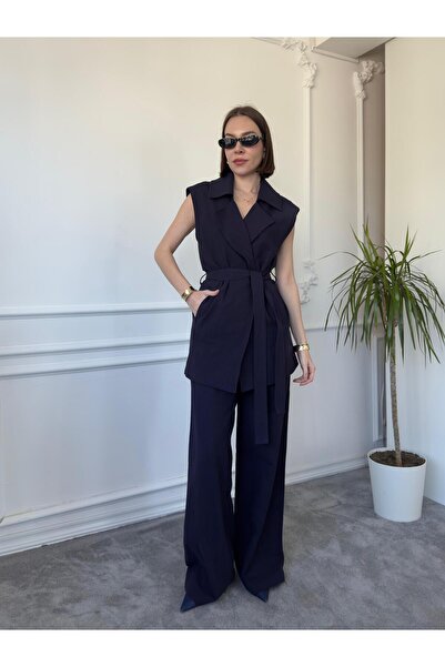 QİMYA BUTİK MAGARDE Women's Mid-Length Belted Vest and Loose Trousers Double Linen Set