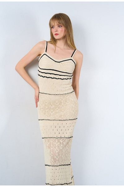 Qu Style Rochie lungă din tricot cu bretele - Jumătate căptușită și ajurata
