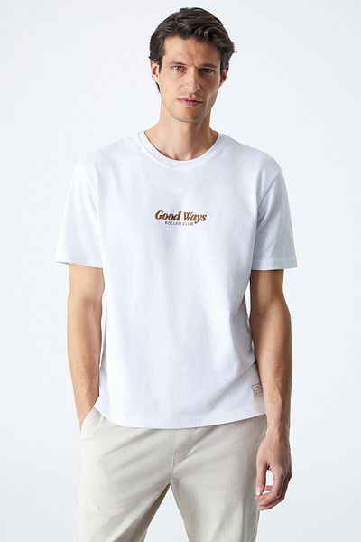 GRIMELANGE Roll Men's Print Detail 100% Organic Cotton Comfort Fit White T-Shirt