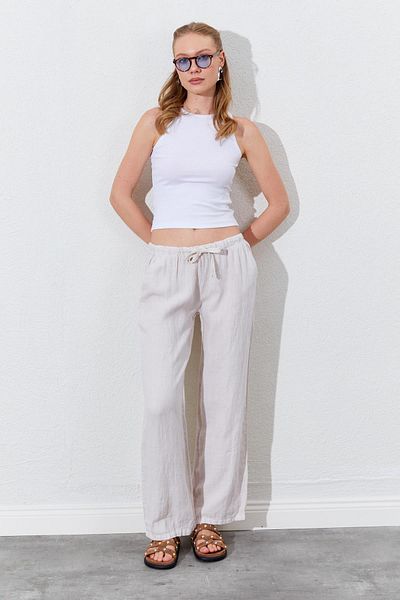 TENA Women's Stone Waist Rope Tied Linen Side Pocket Wide Leg Pants