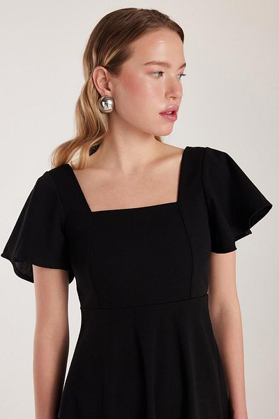 Tudors Rochie neagră midi plisată, cu decolteu în U, cu croială standard pentru femei