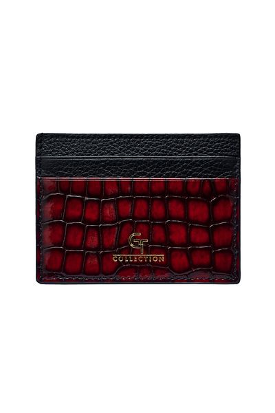 GT Collection GT Collection, Men's Shiny Croc-Print Card Holder - Red Genuine Leather Size: 10cm x 7cm x 0.3cm