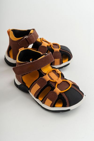 mnpc Unisex Παιδικά Καφέ-κίτρινα Δερμάτινα Ορθοπεδικά Παιδικά Σανδάλια εξωτερικού χώρου