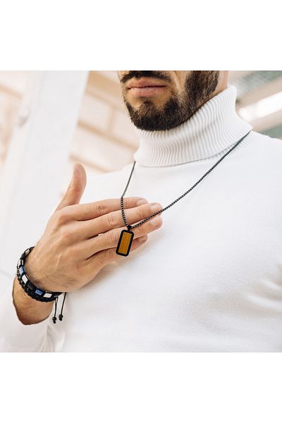 GT Collection GT Collection, Men's Black Necklace with Rectangle TIGER EYE Energy Stones Pendant, One Size